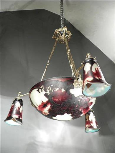 ミューラー兄弟　風景が描かれたカメオ技法のアールヌーボーシャンデリア　アンティーク照明