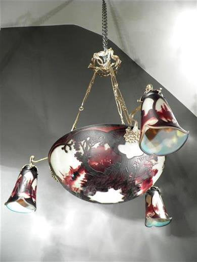 ミューラー兄弟　風景が描かれたカメオ技法のアールヌーボーシャンデリア　アンティーク照明