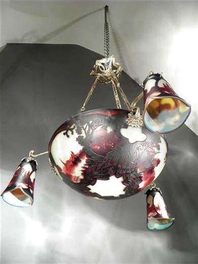 ミューラー兄弟　風景が描かれたカメオ技法のアールヌーボーシャンデリア　アンティーク照明