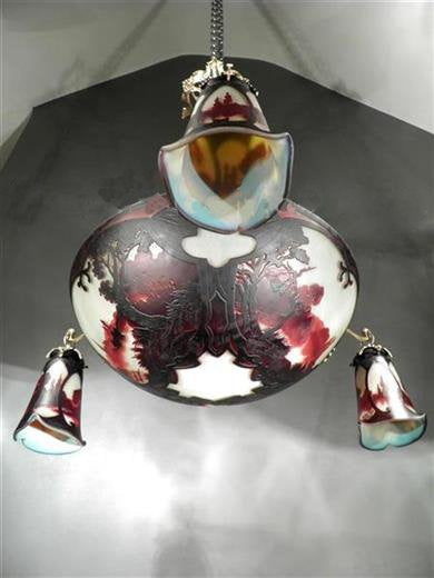 ミューラー兄弟　風景が描かれたカメオ技法のアールヌーボーシャンデリア　アンティーク照明