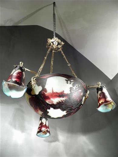 ミューラー兄弟　風景が描かれたカメオ技法のアールヌーボーシャンデリア　アンティーク照明