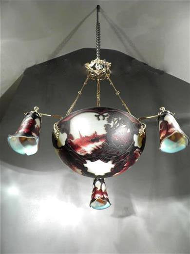 ミューラー兄弟　風景が描かれたカメオ技法のアールヌーボーシャンデリア　アンティーク照明