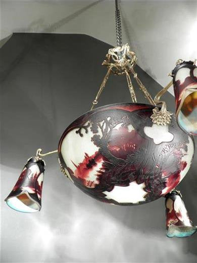 ミューラー兄弟　風景が描かれたカメオ技法のアールヌーボーシャンデリア　アンティーク照明