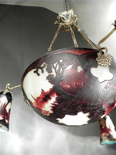 ミューラー兄弟　風景が描かれたカメオ技法のアールヌーボーシャンデリア　アンティーク照明