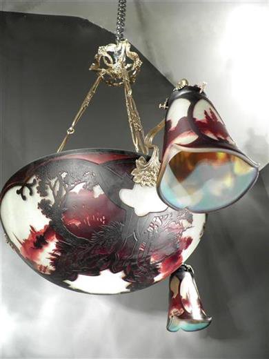 ミューラー兄弟　風景が描かれたカメオ技法のアールヌーボーシャンデリア　アンティーク照明