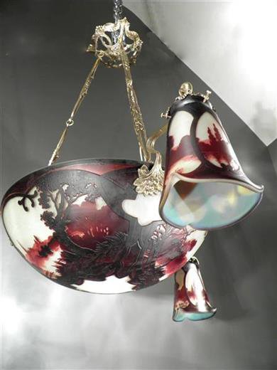 ミューラー兄弟　風景が描かれたカメオ技法のアールヌーボーシャンデリア　アンティーク照明