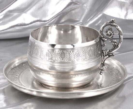 267　クリストフル（CHRISTOFLE）アンティーク　スターリングシルバー　大きなブレックファーストマグ＆ソーサー　20世紀前半