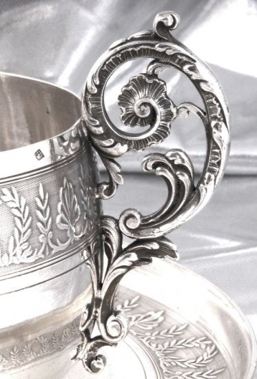 267　クリストフル（CHRISTOFLE）アンティーク　スターリングシルバー　大きなブレックファーストマグ＆ソーサー　20世紀前半