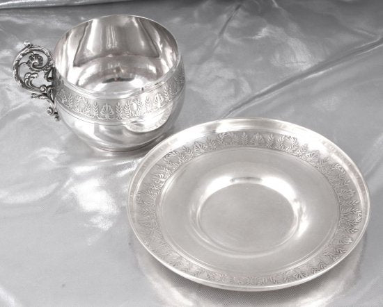 267　クリストフル（CHRISTOFLE）アンティーク　スターリングシルバー　大きなブレックファーストマグ＆ソーサー　20世紀前半