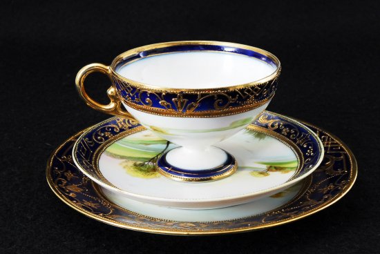 248 オールドノリタケ・金彩 ネイビーブルー 風景図カップ＆ソーサートリオセット