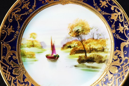 248 オールドノリタケ・金彩 ネイビーブルー 風景図カップ＆ソーサートリオセット