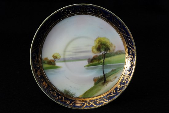 248 オールドノリタケ・金彩 ネイビーブルー 風景図カップ＆ソーサートリオセット