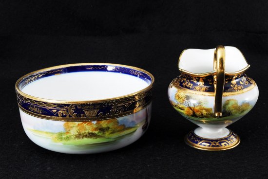 249 オールドノリタケ・金彩 ネイビーブルー 風景図シュガーポット＆クリーマーセット