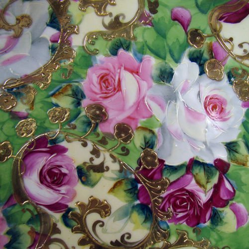 オールドノリタケ（ニッポン）ピンクローズの飾り皿　肉筆　金縁取り仕上げ