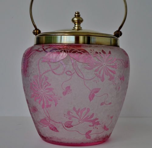 607　バカラ（Baccarat）アンティーク　ビスケットジャー　カメオガラス　アシッドエッチング　1900年頃
