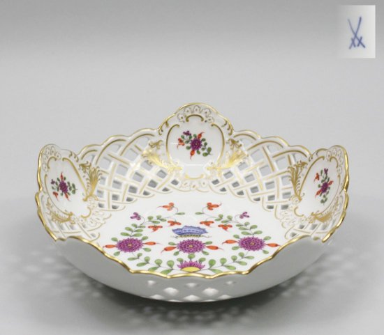 313　マイセン（Meissen）アンティーク　飾り皿　網目状　中国風の花