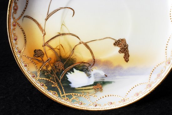 260 オールドニッポン 金盛りエナメルジュエル白鳥図 スワン カップ＆ソーサー