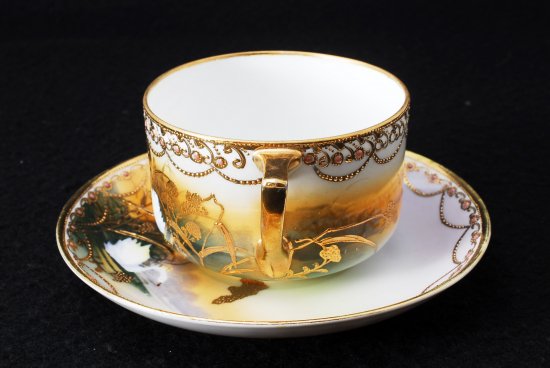 260 オールドニッポン 金盛りエナメルジュエル白鳥図 スワン カップ＆ソーサー