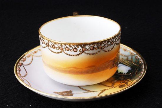 260 オールドニッポン 金盛りエナメルジュエル白鳥図 スワン カップ＆ソーサー