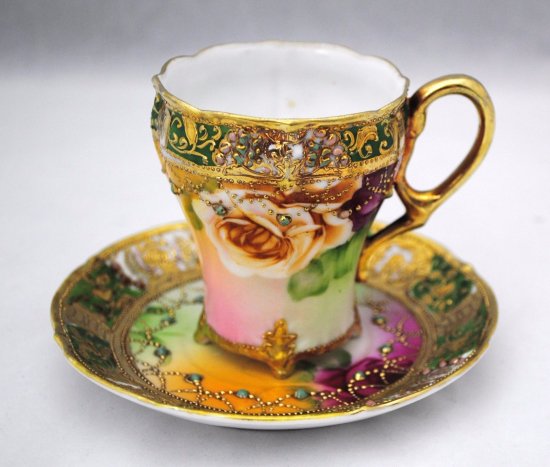 266　オールドノリタケ　アンティーク　ハンドペイント　バラ図の脚付きカップ＆ソーサー　ビーズ飾りとゴールド装飾