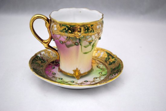 266　オールドノリタケ　アンティーク　ハンドペイント　バラ図の脚付きカップ＆ソーサー　ビーズ飾りとゴールド装飾