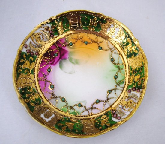 266　オールドノリタケ　アンティーク　ハンドペイント　バラ図の脚付きカップ＆ソーサー　ビーズ飾りとゴールド装飾