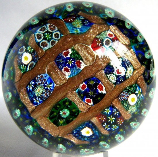 285　ベネチアンムラーノガラス　ミルフィオリ　格子模様のガラスペーパーウェイト　スーパーマグナム