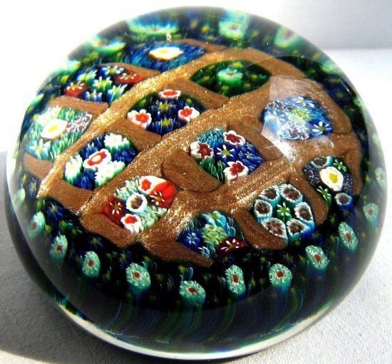 285　ベネチアンムラーノガラス　ミルフィオリ　格子模様のガラスペーパーウェイト　スーパーマグナム