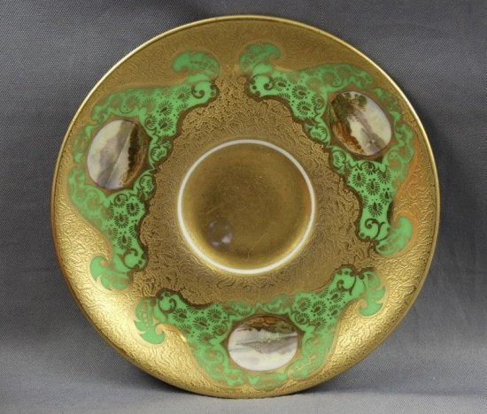 126　コールポート（Coalport）アンティーク　風景図　デミタスカップ＆ソーサー　グリーン＆ゴールド