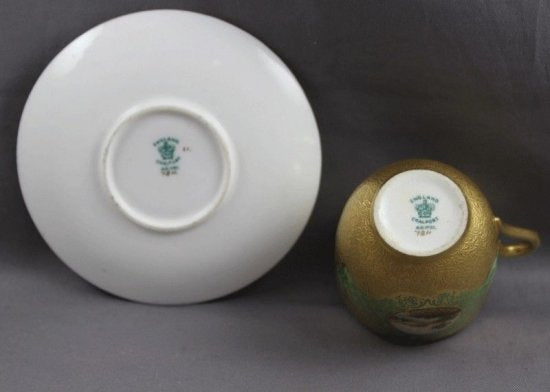 126　コールポート（Coalport）アンティーク　風景図　デミタスカップ＆ソーサー　グリーン＆ゴールド