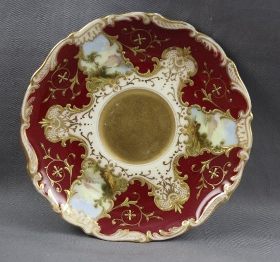 128　コールポート（Coalport）アンティーク　風景図　デミタスカップ＆ソーサー　レッド＆ゴールド