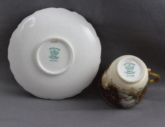 128　コールポート（Coalport）アンティーク　風景図　デミタスカップ＆ソーサー　レッド＆ゴールド