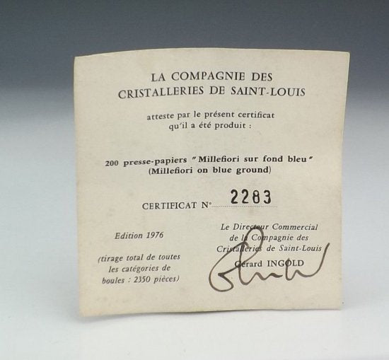 007　サン・ルイ（St. LOUIS）アンティーク　ミルフィオリ　ブルーのガラスペーパーウェイト　箱・証明書付き　1976年