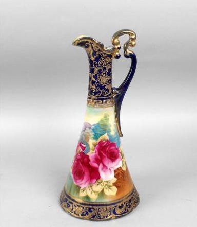 オールドノリタケ　水差し　コバルトブルー　花柄　金彩