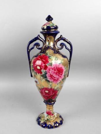 オールドノリタケ　蓋付き花瓶　コバルトブルー　花柄　金彩