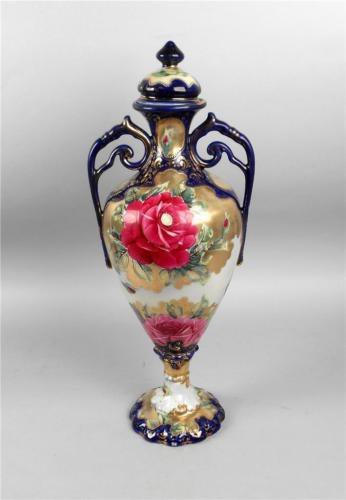 オールドノリタケ　蓋付き花瓶　コバルトブルー　花柄　金彩