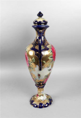 オールドノリタケ　蓋付き花瓶　コバルトブルー　花柄　金彩