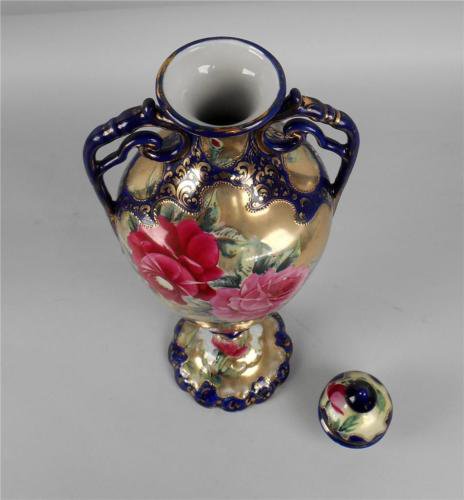 オールドノリタケ　蓋付き花瓶　コバルトブルー　花柄　金彩
