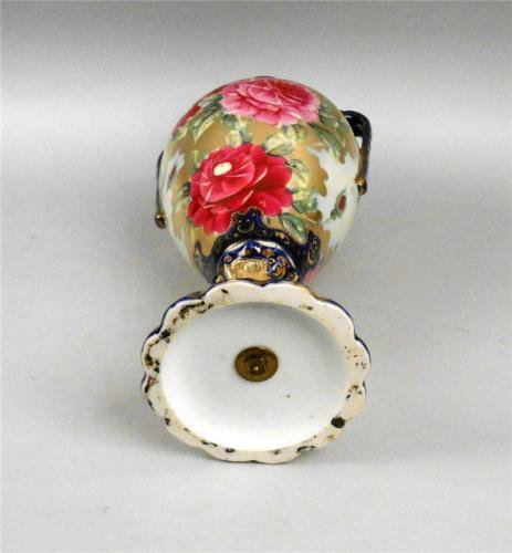 オールドノリタケ　蓋付き花瓶　コバルトブルー　花柄　金彩