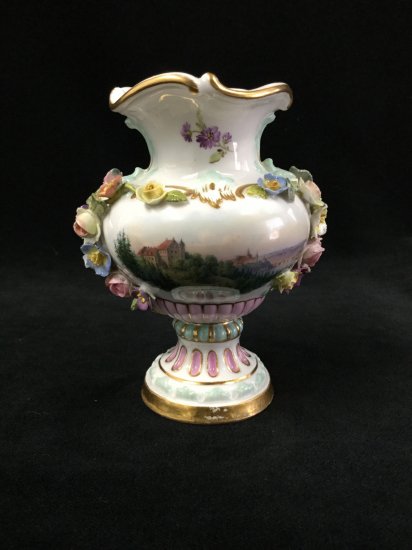 329 マイセン Meissen アップリケ 薔薇と風景画 花瓶