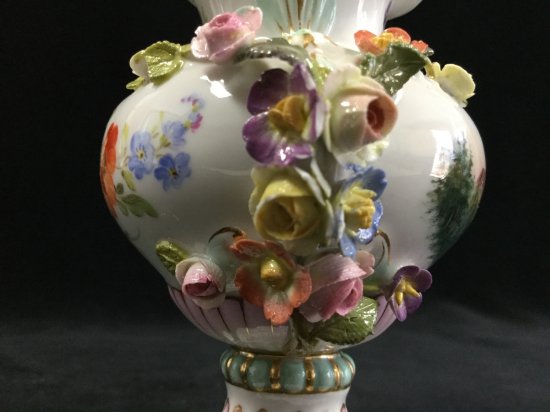 329 マイセン Meissen アップリケ 薔薇と風景画 花瓶