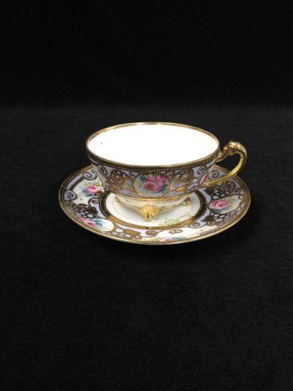 オールドノリタケ 金盛上 ピンクローズ カップ＆ソーサー