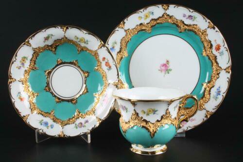 マイセン Meissen Bフォーム グランツゴールド グリーン小花柄 トリオセット