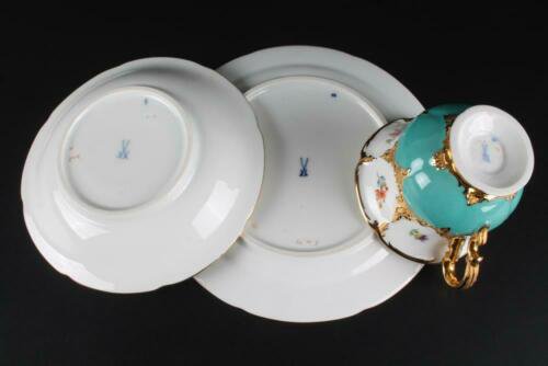 マイセン Meissen Bフォーム グランツゴールド グリーン小花柄 トリオセット