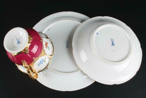 マイセン Meissen Bフォーム グランツゴールド ワインレッド小花柄 トリオセット