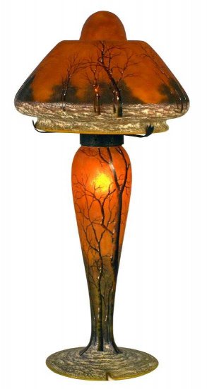 ドーム兄弟　エナメル彩カメオガラス冬景色ランプ