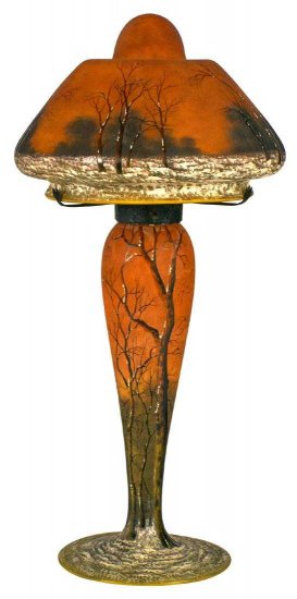 ドーム兄弟　エナメル彩カメオガラス冬景色ランプ