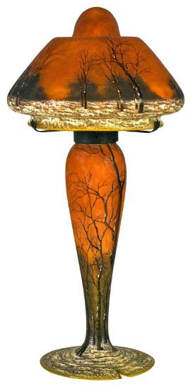 ドーム兄弟　エナメル彩カメオガラス冬景色ランプ