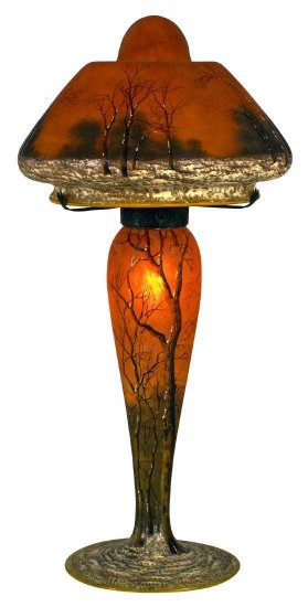 ドーム兄弟　エナメル彩カメオガラス冬景色ランプ