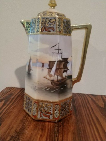 オールドノリタケ　コーヒーポット　手描きの帆船